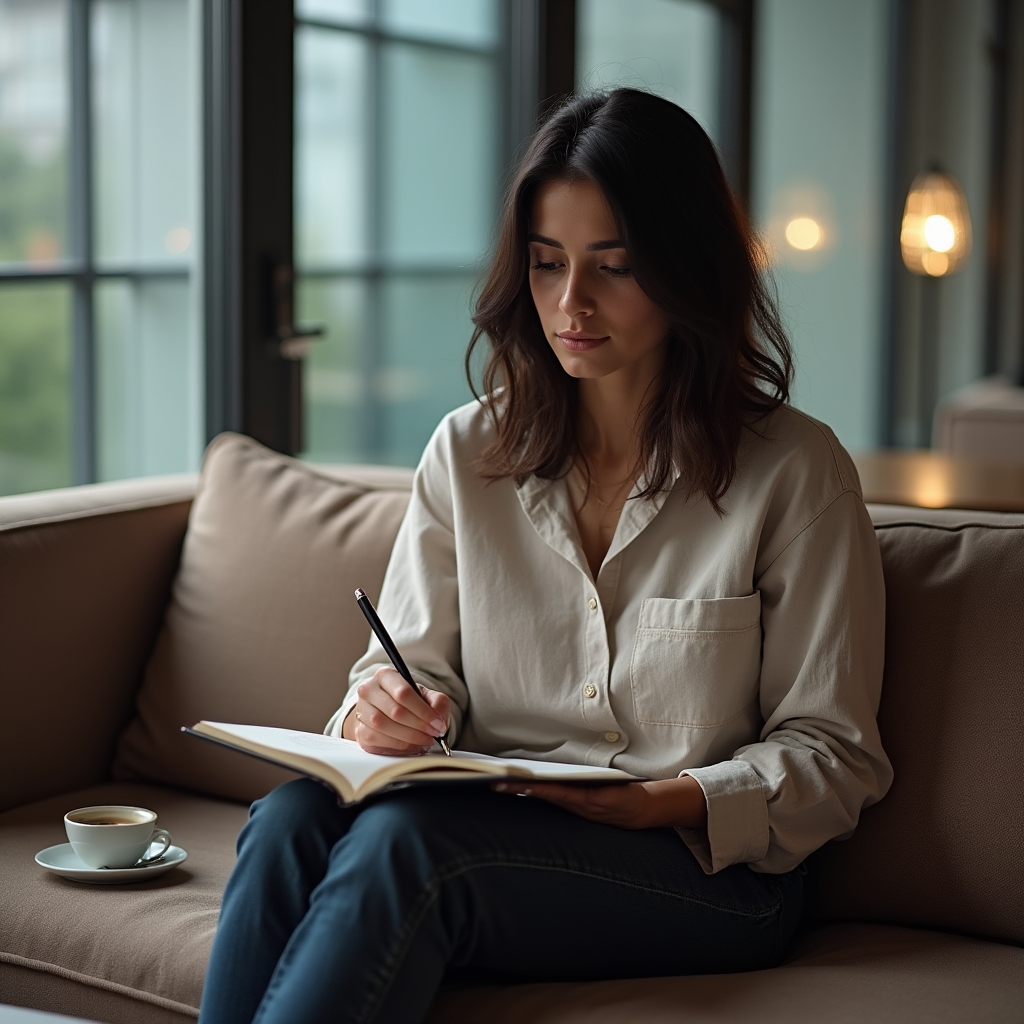 Persoană scriind în jurnal cu atenție și concentrare